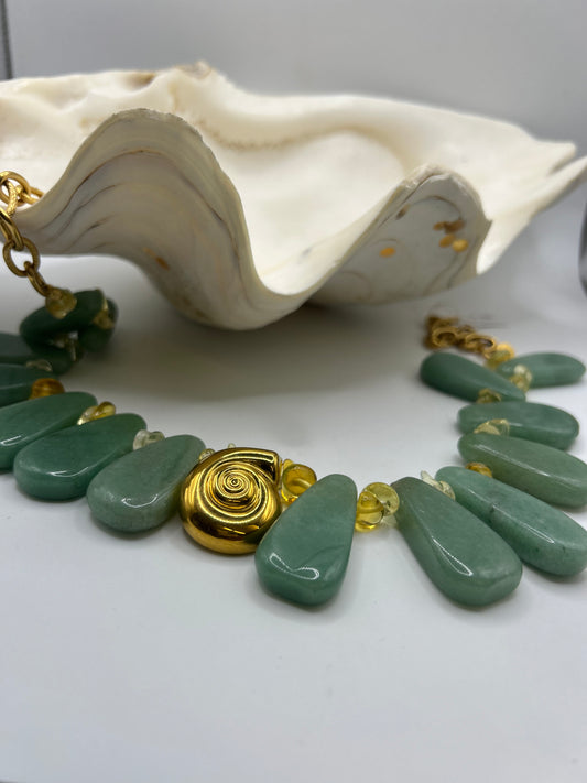 Collier aventurine verte citrine coquillage acier inoxydable bijou marin spirituel