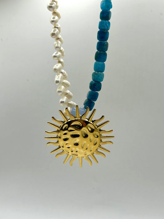 Collier Soleil en Apatite Bleue & Perles de Culture — Acier Inoxydable