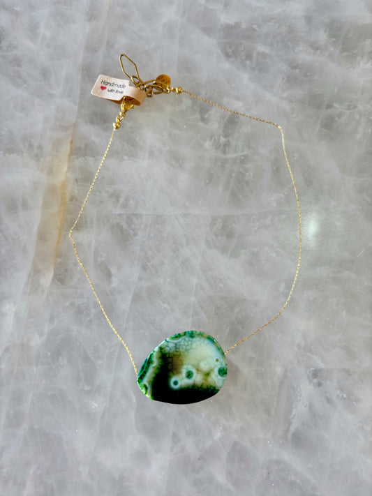 collier acier inoxydable agate verte pièce unique
