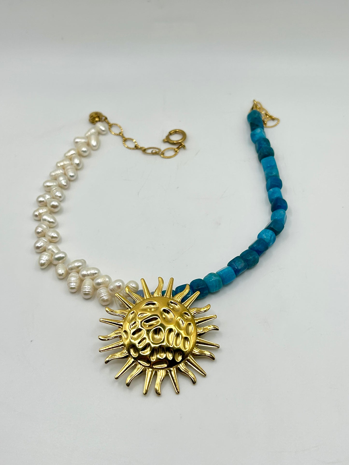Collier Soleil en Apatite Bleue & Perles de Culture — Acier Inoxydable