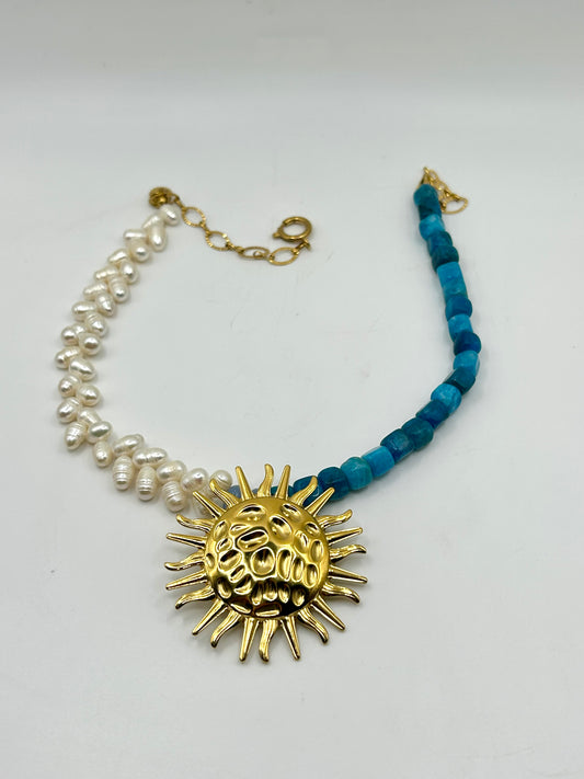 Collier Soleil en Apatite Bleue & Perles de Culture — Acier Inoxydable