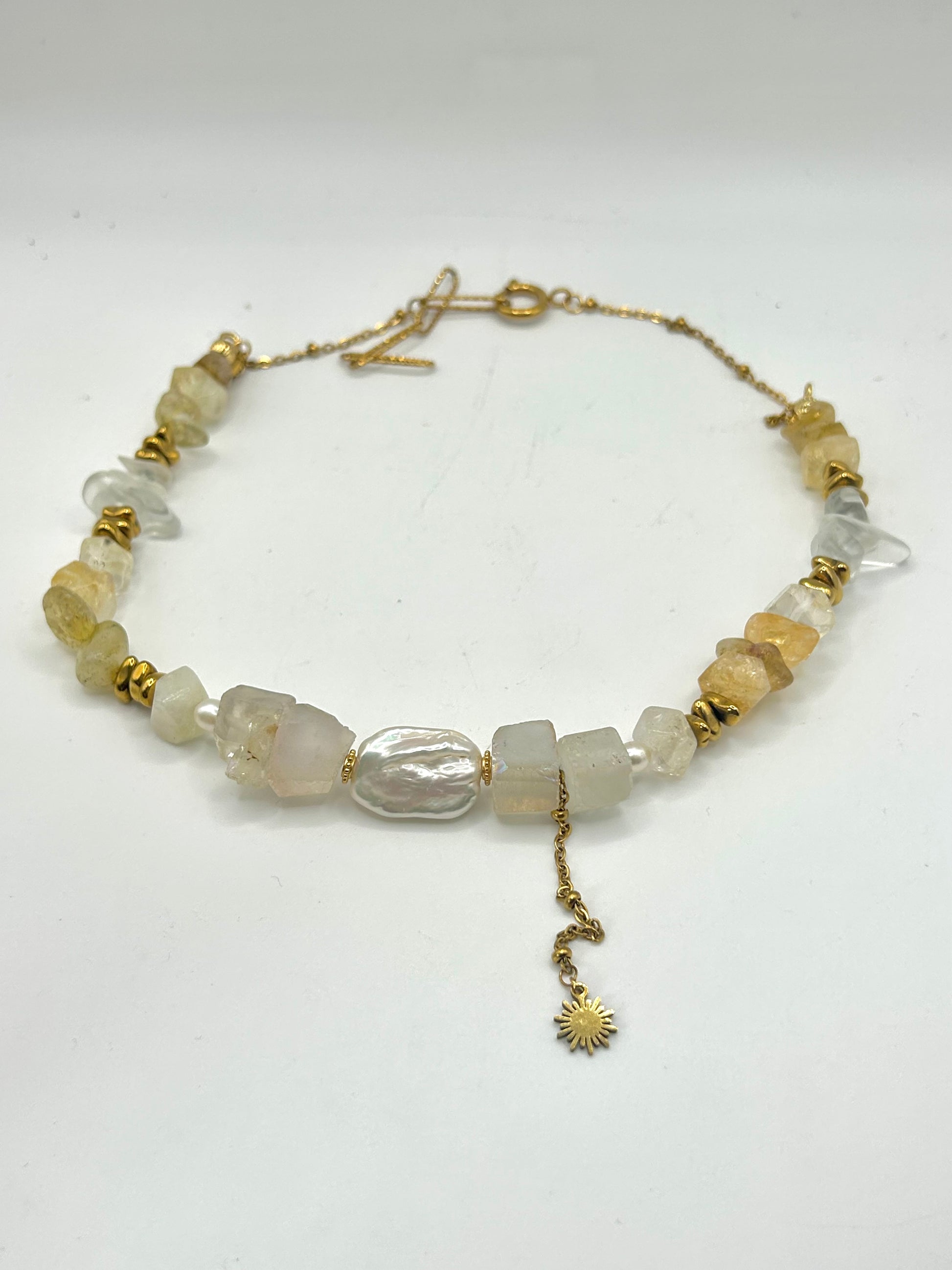 Collier en citrine et quartz aura et perle de culture ac soleil suspendu pièce unique 