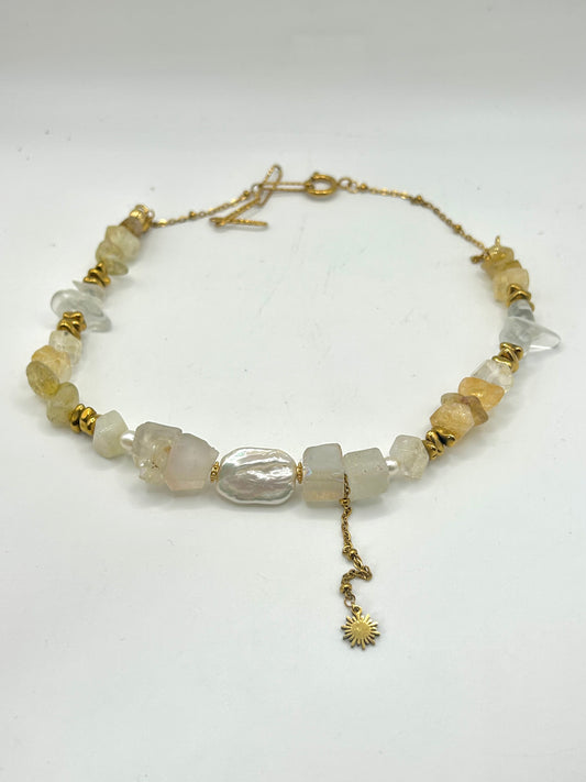 Collier en citrine et quartz aura et perle de culture ac soleil suspendu pièce unique 