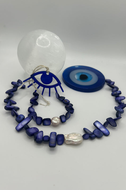 Bracelet “Écume Céleste” – Perles de coquillage bleu & perles de culture