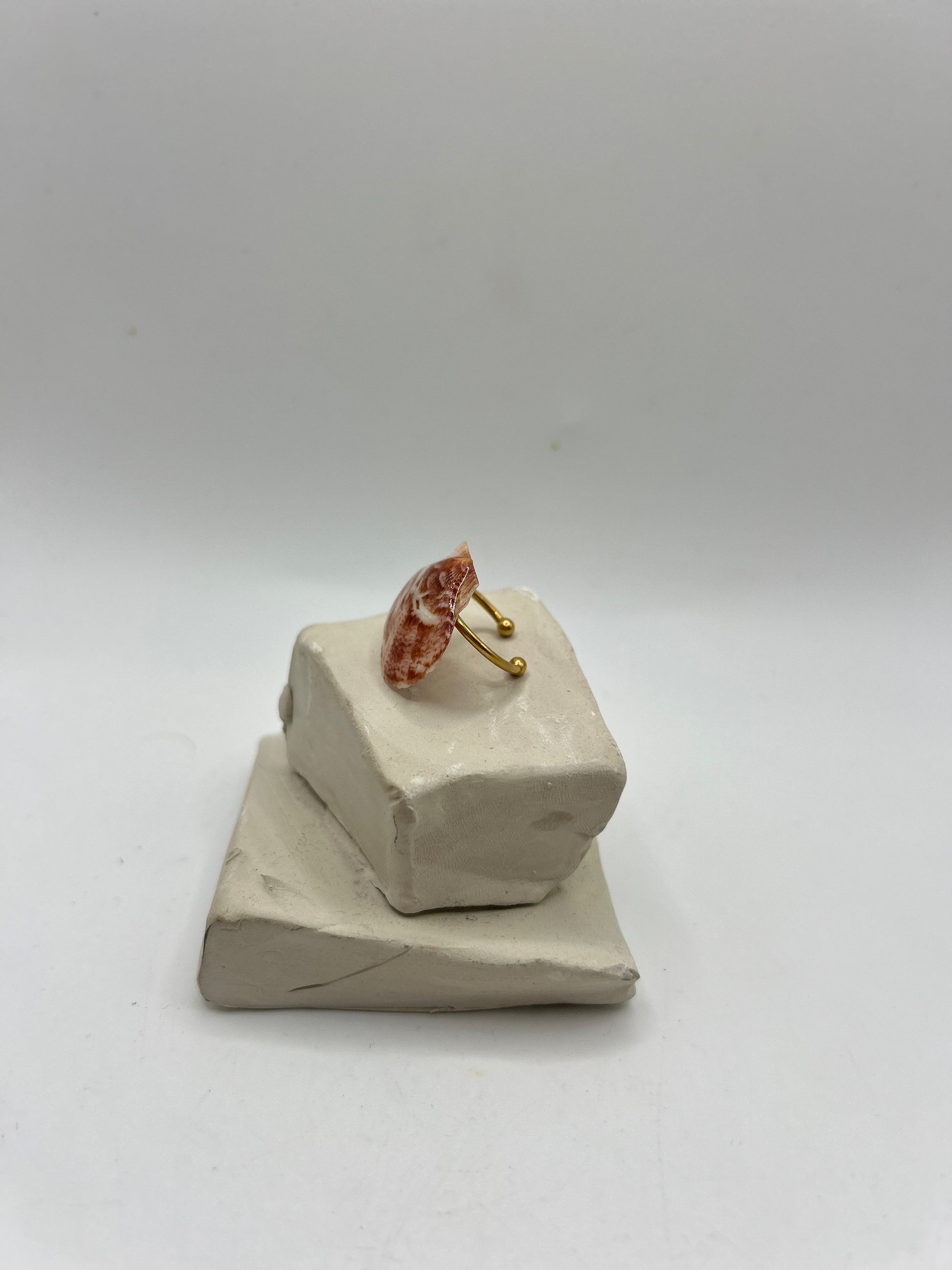 Petite bague artisanale ornée d’un coquillage naturel aux reflets nacrés, montée sur un anneau ajustable doré, création unique inspirée de la mer.