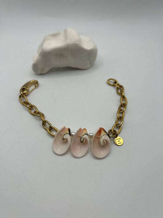 Bracelet ou chaîne de cheville en acier inoxydable orné de trois coquillages centrés, création artisanale inspirée de la mer, du style bohème chic et des trésors marins.