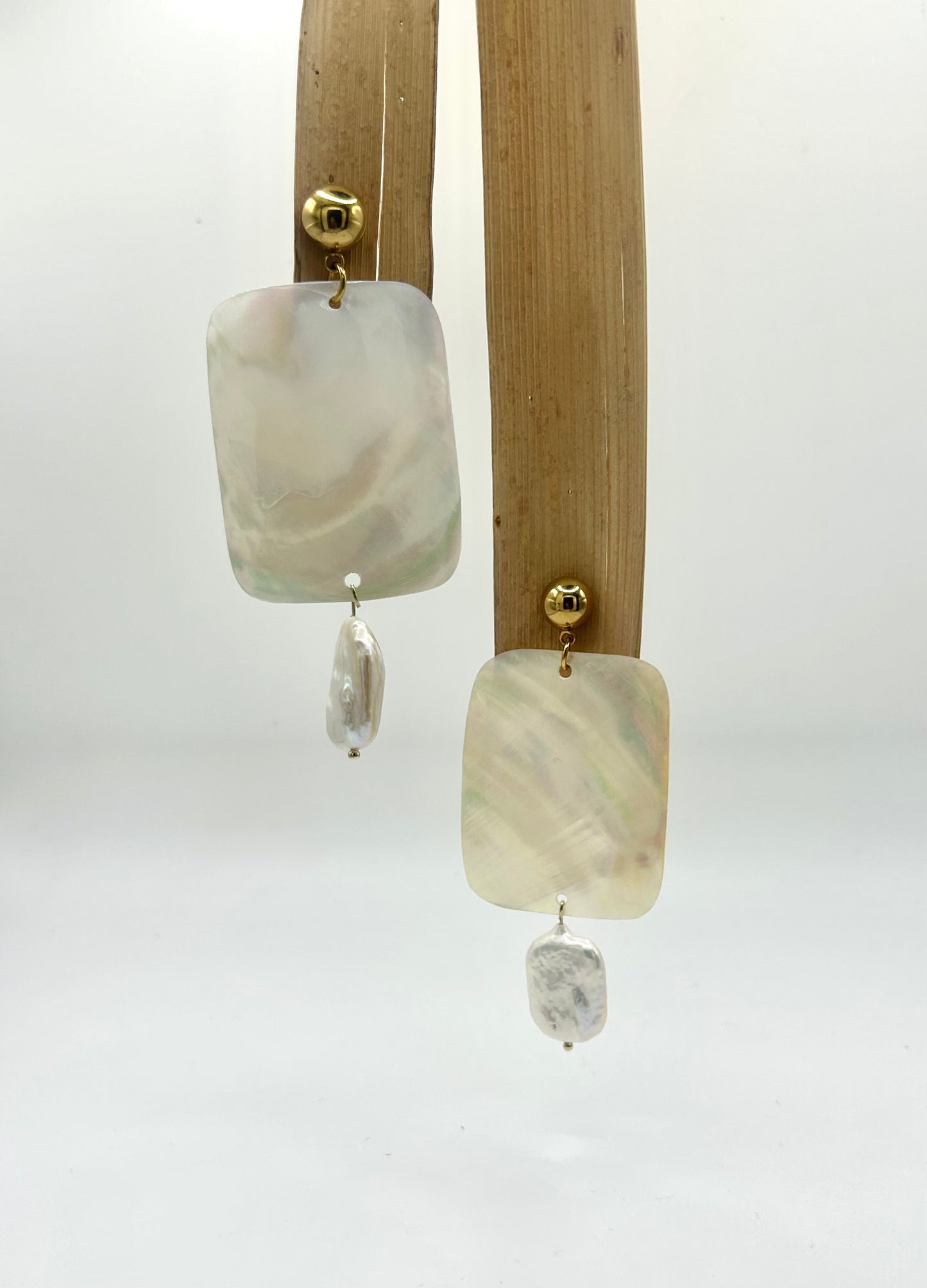 Boucles d’oreilles, rectangle en agrée, perles de culture