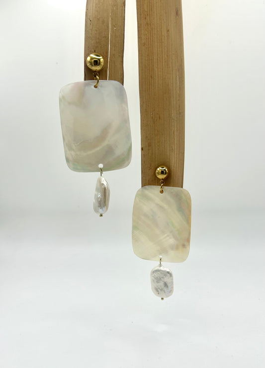 Boucles d’oreilles, rectangle en agrée, perles de culture