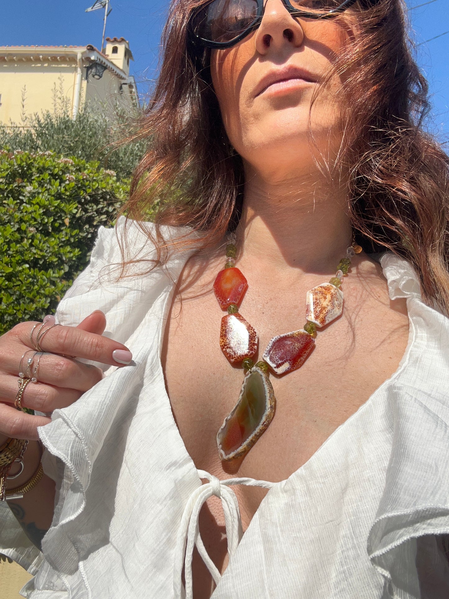 collier en pierre de péridot et Agathe orange  pièce unique et tendance 