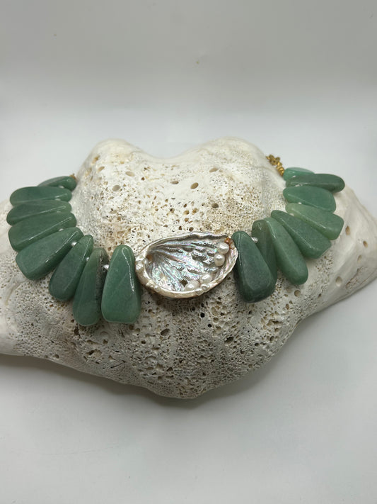     Collier aventurine verte abalone nacre ormeau perles eau douce bijou marin
