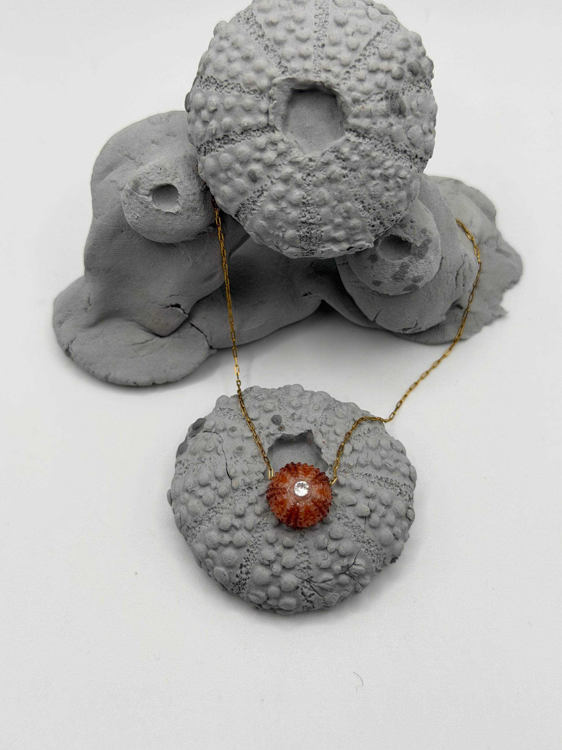 Collier oursin rose C’avah de Soie, bijou marin artisanal avec véritable coquillage d’oursin  , pendentif coquillage monté sur une chaîne dorée, bijou inspiré de la mer et de l’océan.
