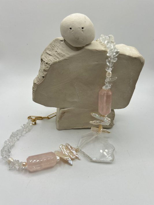  Bijou bohème chic collier pierres naturelles rose blanc et perle nacrée Biwa