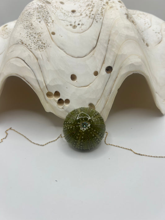 Collier oursin C’avah de Soie sublimé par un zirconium bleu lumineux, évoquant les profondeurs marines. Un bijou unique, élégant et captivant, entre nature brute et éclat raffiné.