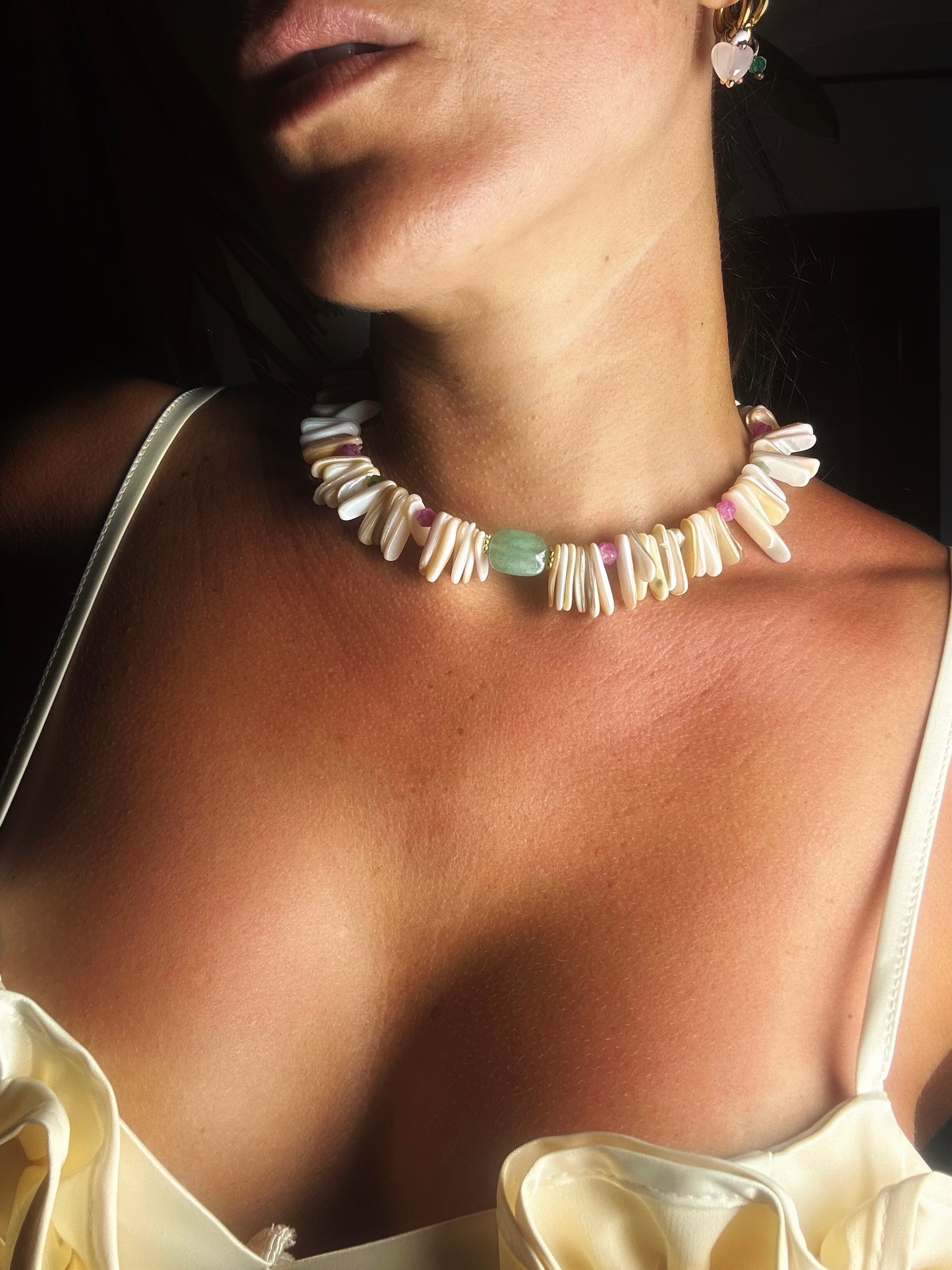 Choker “Sérénité Sauvage” – Aventurine , quartz rose  & perles de coquillage