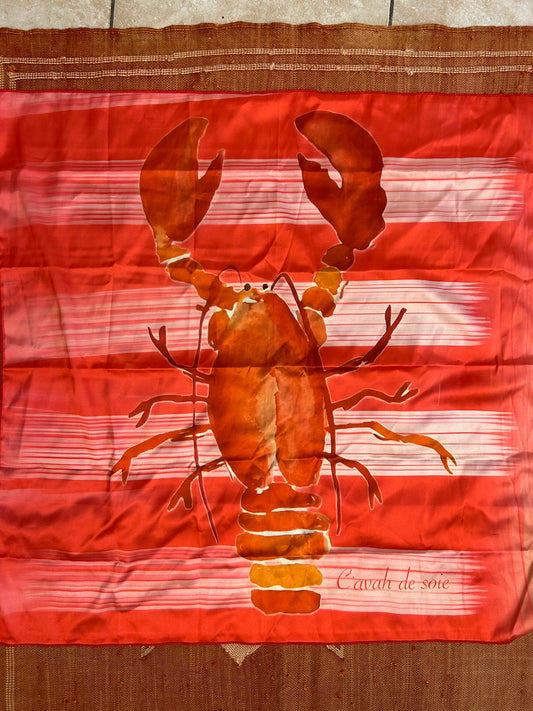 Foulards été toucher soie faits main pièces uniques motifs marins et estivaux : crabe et cocktail jaune, Aperol Spritz orange, homard rouge orangé style bohème chic