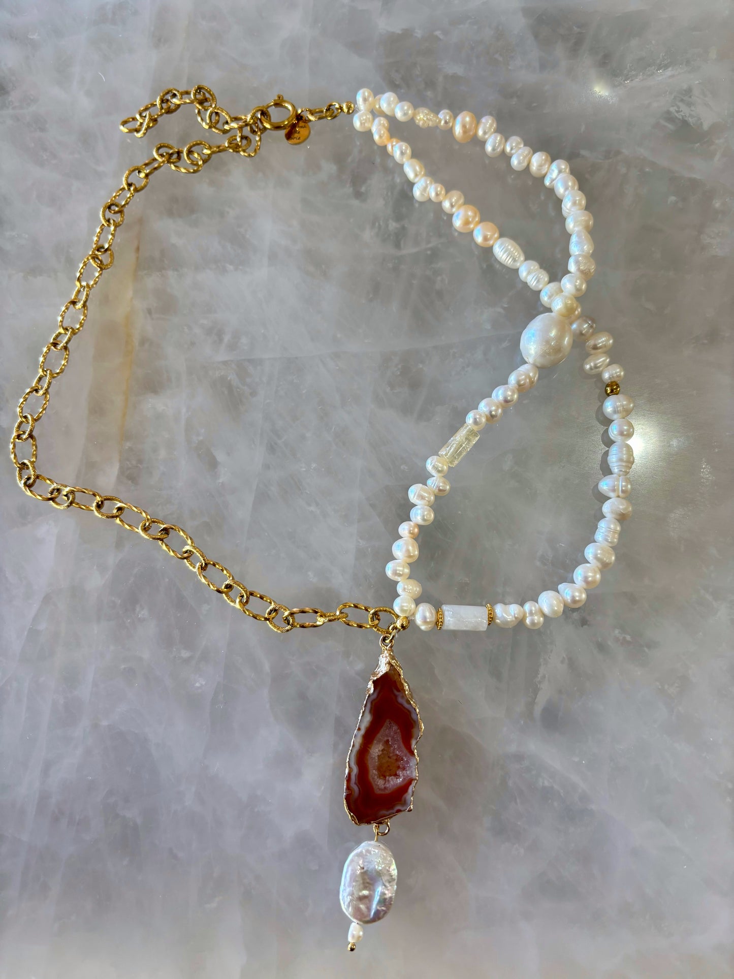 perle d'eau douce collier double et agate orange 