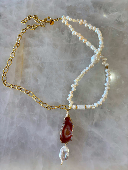 perle d'eau douce collier double et agate orange 